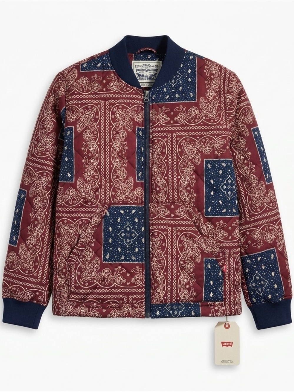 Levis Diamond Quilted Bomber Jacket Mens XL Bandana Insulation Red Blue Zip